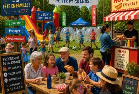 Fête familiale joyeuse dans un parc extérieur avec enfants, parents et grands-parents.