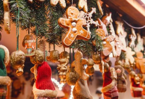 Traditional seasonal items and gifts at Christmas market (Christkindlmarkt) stall in Central Berlin, Germany